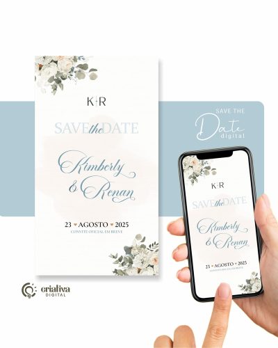 214 Save The Date Digital de Casamento Floral Verde e Azul