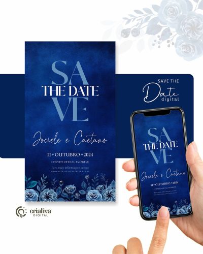 215_Save The Date Digital de Casamento Floral Azul Marinho