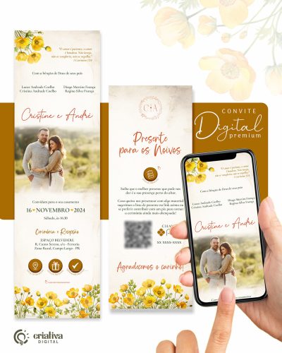 223 Convite de Casamento Virtual Flores Amarelas Premium