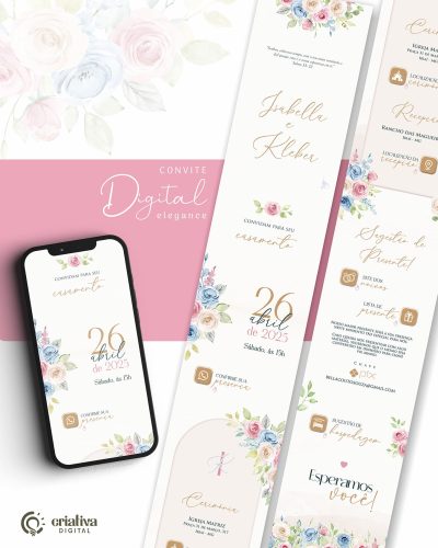 235 Convite de Casamento Virtual Floral Candy Color Azul Serenity Rosa e Amarelo Elegance