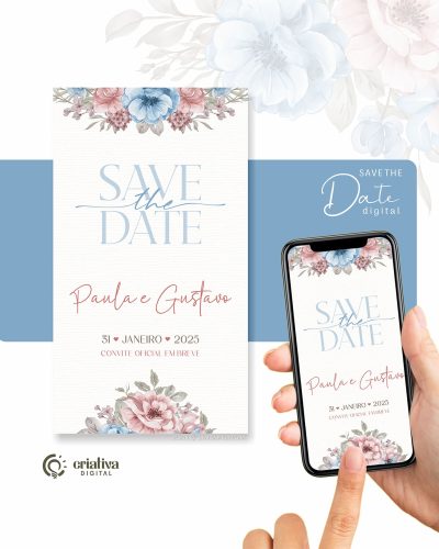 236 Save The Date Digital de Casamento Floral Azul Serenity e Rosa