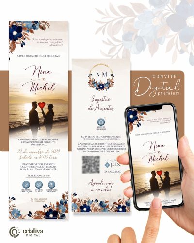 238 Convite de Casamento Virtual Floral Rustico Azul Marinho e Marrom Premium