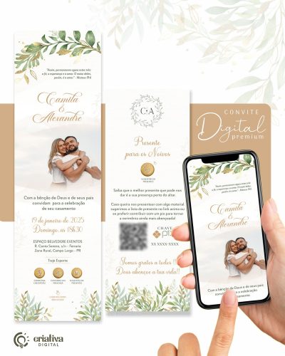 240 Convite de Casamento Virtual Folhagem Verde e Dourado Standart