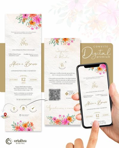 252 Convite de Casamento Virtual Floral Colorido Rosa Standart