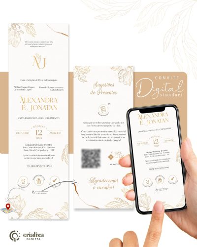 254 Convite de Casamento Virtual Floral Dourado Standart