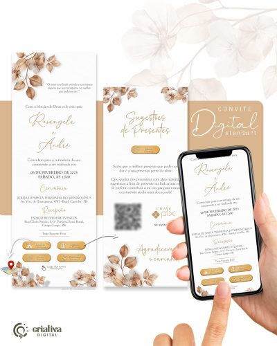 255 Convite de Casamento Virtual Floral Dourado Standart