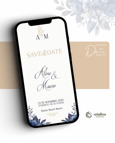 256 Save The Date Digital de Casamento Floral Azul Marinho
