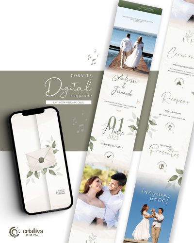 259 Convite de Casamento Virtual Folhagem Verde Elegance Musical