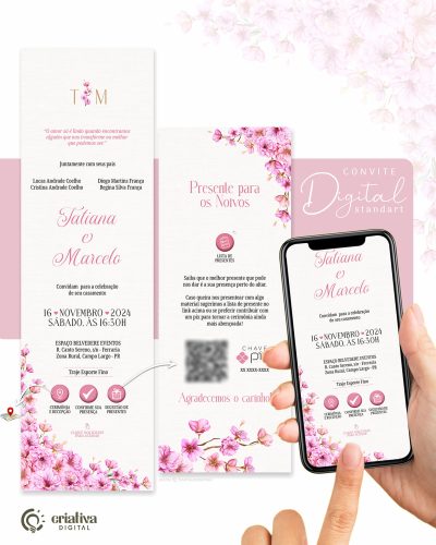 261 Convite de Casamento Virtual Floral Cerejeira Pink Standart
