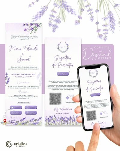 263 Convite de Casamento Virtual Floral Lavanda Lilás Standart