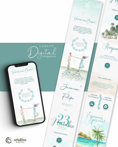 264 Convite de Casamento Virtual Verde Tiffany Praia Elegance