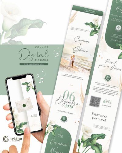 265 Convite de Casamento Virtual Copo de Leite Verde Elegance Musical
