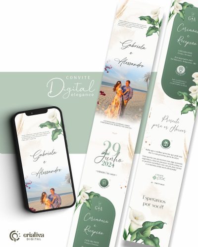 265 Convite de Casamento Virtual Verde Floral Copo de Leite Elegance