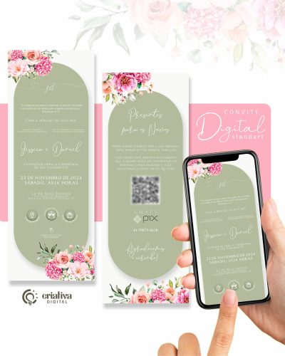 266 Convite de Casamento Virtual Verde e Floral Pink Standart