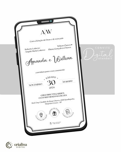 268 Convite de Casamento Virtual Clássico Preto Standart