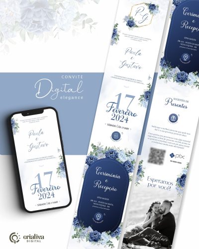 276 Convite de Casamento Virtual Floral Azul Elegance