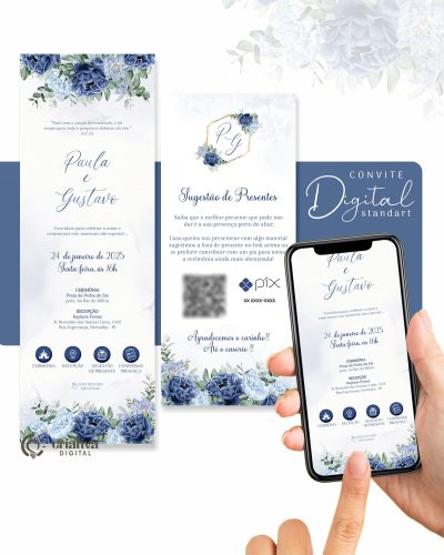 276 Convite de Casamento Virtual Floral Azul Standart