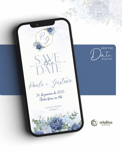 276 Save The Date Digital de Casamento Floral Azul e Verde