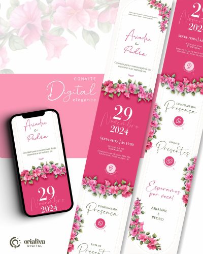 277 Convite de Casamento Virtual Floral Rosa Buganville Elegance