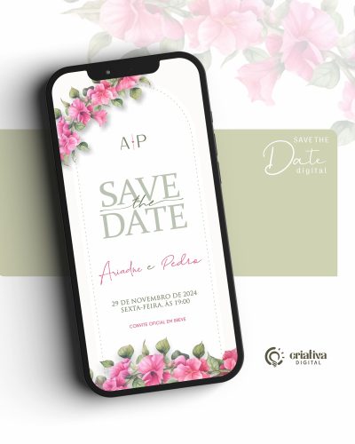 277 Save The Date Digital de Casamento Floral Rosa Buganville