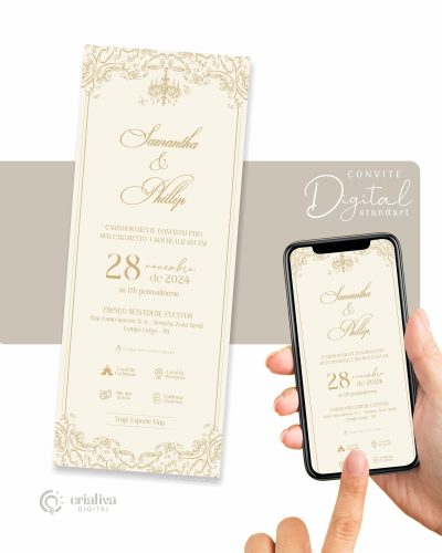 281 Convite de Casamento Virtual Clássico Dourado e Bege Standart