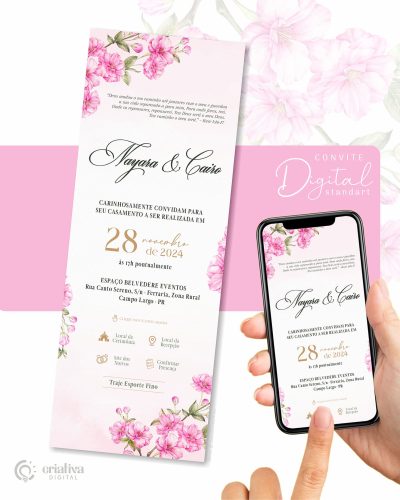 284 Convite de Casamento Virtual Floral Cerejeira Rosa Standart