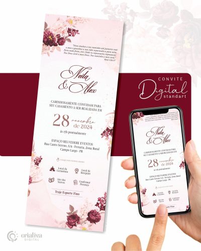 286 Convite de Casamento Virtual Floral Marsala e Rosa Standart