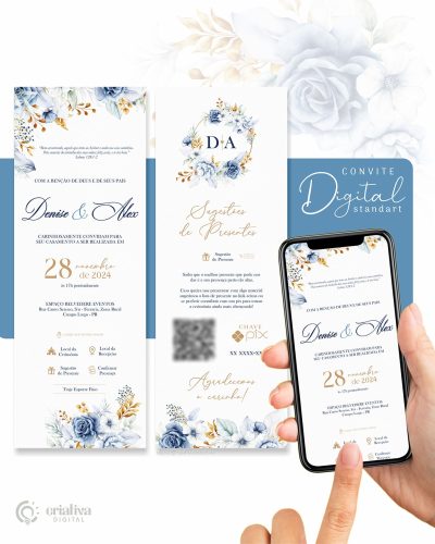 288 Convite de Casamento Virtual Floral Azul Serenity Standart