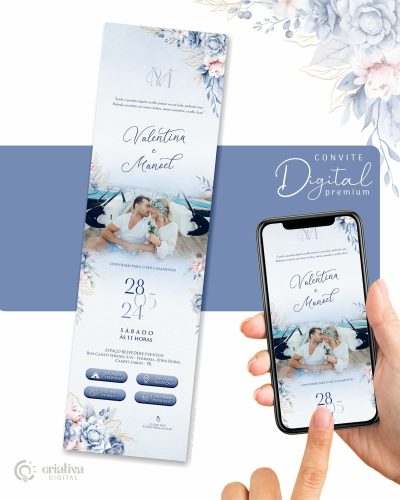 291 Convite de Casamento Virtual Azul Serenity e Rosa Premium