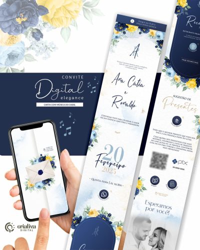 292 Convite de Casamento Virtual Floral Azul e Amarelo Elegance Musical