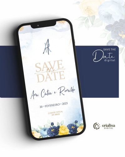 292_Save The Date Digital de Casamento Floral Azul e Amarelo