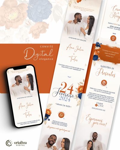 293 Convite de Casamento Virtual Floral Azul Marinho e Terracota Elegance