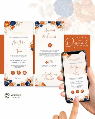 293 Convite de Casamento Virtual Floral Azul Marinho e Terracota Standart