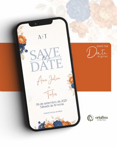 293_Save The Date Digital de Casamento Floral Azul Marinho e Terracota