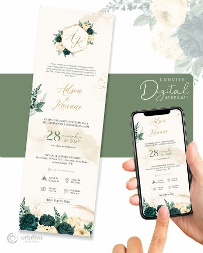 294 Convite de Casamento Virtual Floral Verde Esmeralda e Creme Standart