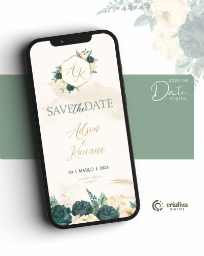 294_ Save The Date Digital de Casamento Floral Verde Esmeralda e Creme