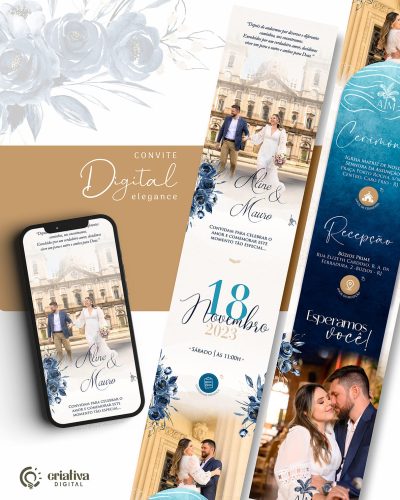 295 Convite de Casamento Virtual Floral Azul Marinho Elegance