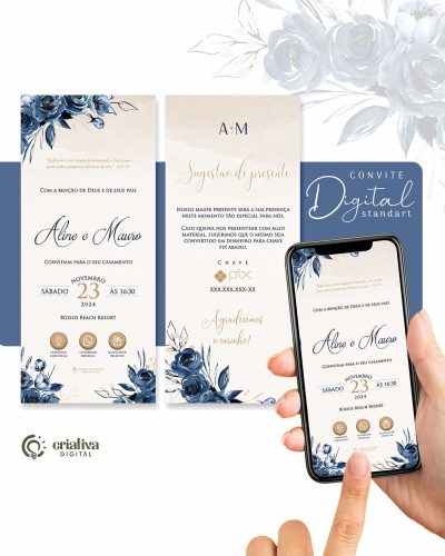 295 Convite de Casamento Virtual Floral Azul Marinho Standart