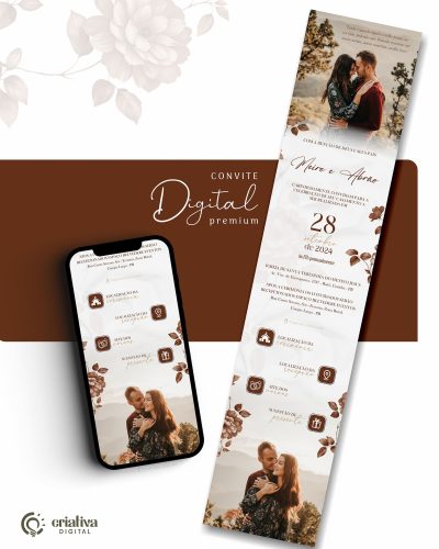 296 Convite de Casamento Virtual Floral Marrom Boho com foto Premium