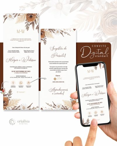 297 Convite de Casamento Virtual Floral Marrom Boho Standart