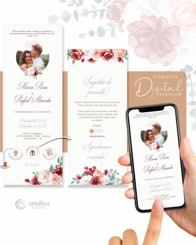 300 Convite de Casamento Virtual Floral Vermelho Premium