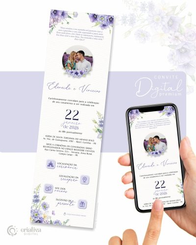 301 Convite de Casamento Virtual Floral Lilas e Lavanda Premium
