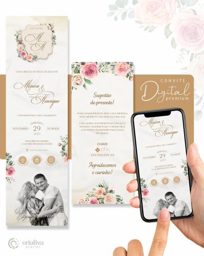303 Convite de Casamento Virtual Floral Rose Boho Premium