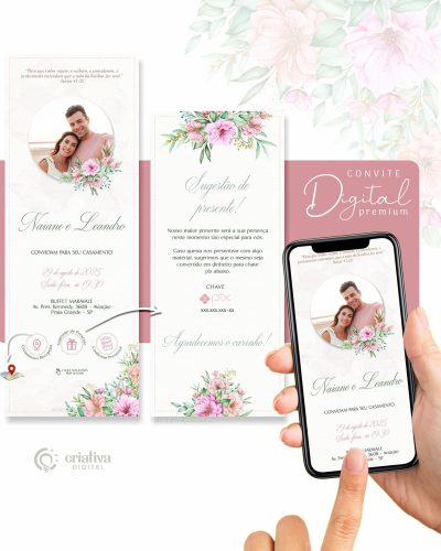 304 Convite de Casamento Virtual Floral Rosa Premium