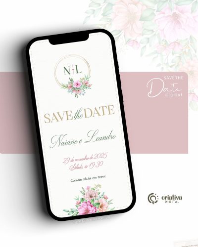 304_Save The Date Digital de Casamento Floral Rosa, Rosê e Verde