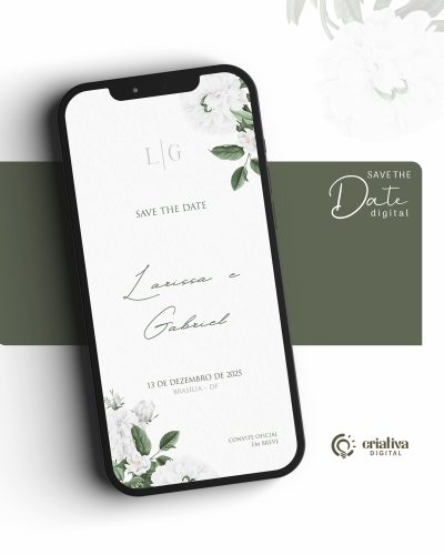 308_Save The Date Digital de Casamento Clean Floral Branco e Verde