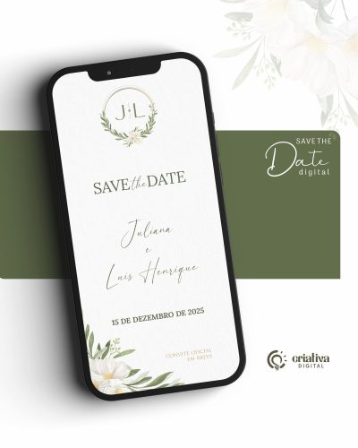 309 _Save The Date Digital de Casamento Oliveira Floral Branco e Verde