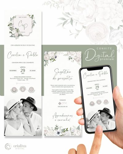 311 Convite de Casamento Virtual Floral branco e verde Premium