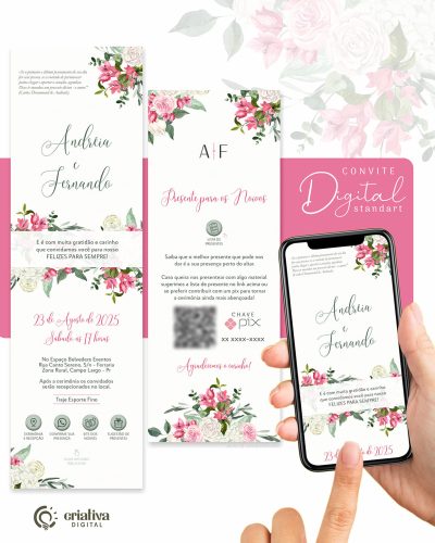 312 Convite de Casamento Virtual Floral Rosa Bounganville Standart