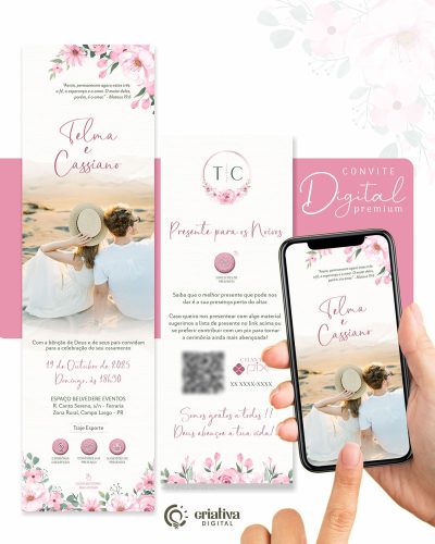 313 Convite de Casamento Virtual Floral Rosa Premium